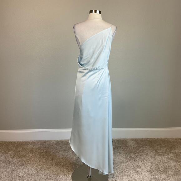 Satin One Shoulder High Low Cocktail Dress Blue Size 12 Thigh Slit Shift by AQUA - Picture 6 of 12
